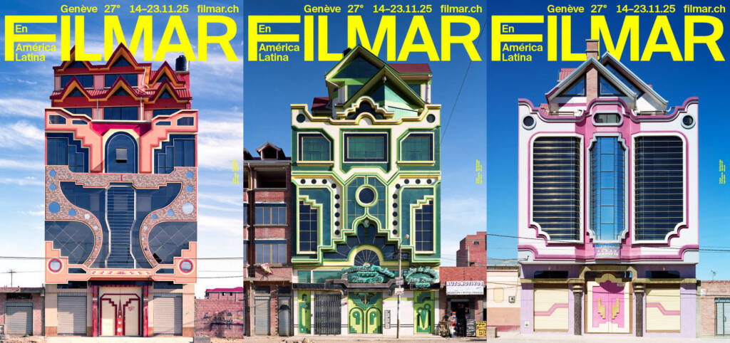 3 Affiches de la 27e édition de FILMAR en América Latina avec des immeubles néo-andins.